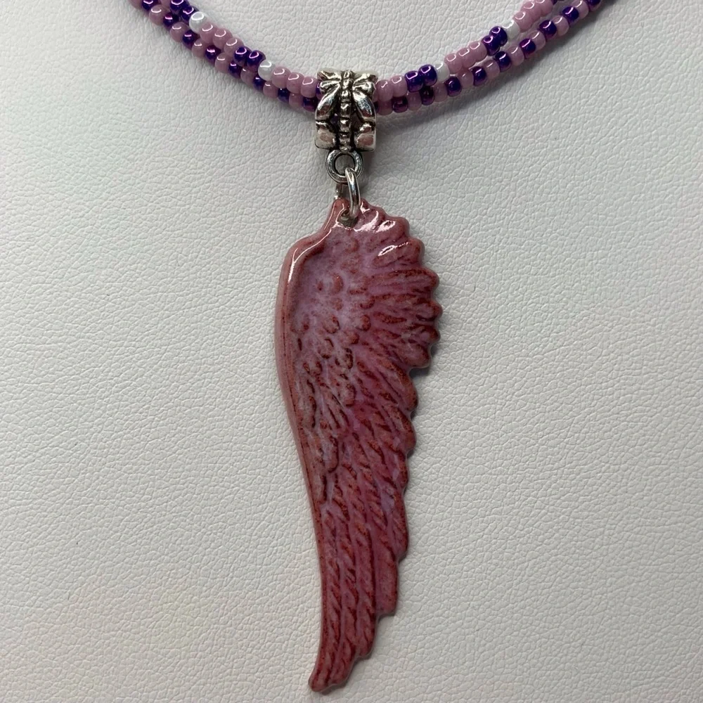 HAND CRAFTED NECKLACE Charm Angel Wing Pink Purple Seed Beaded Dangle Drop NWT